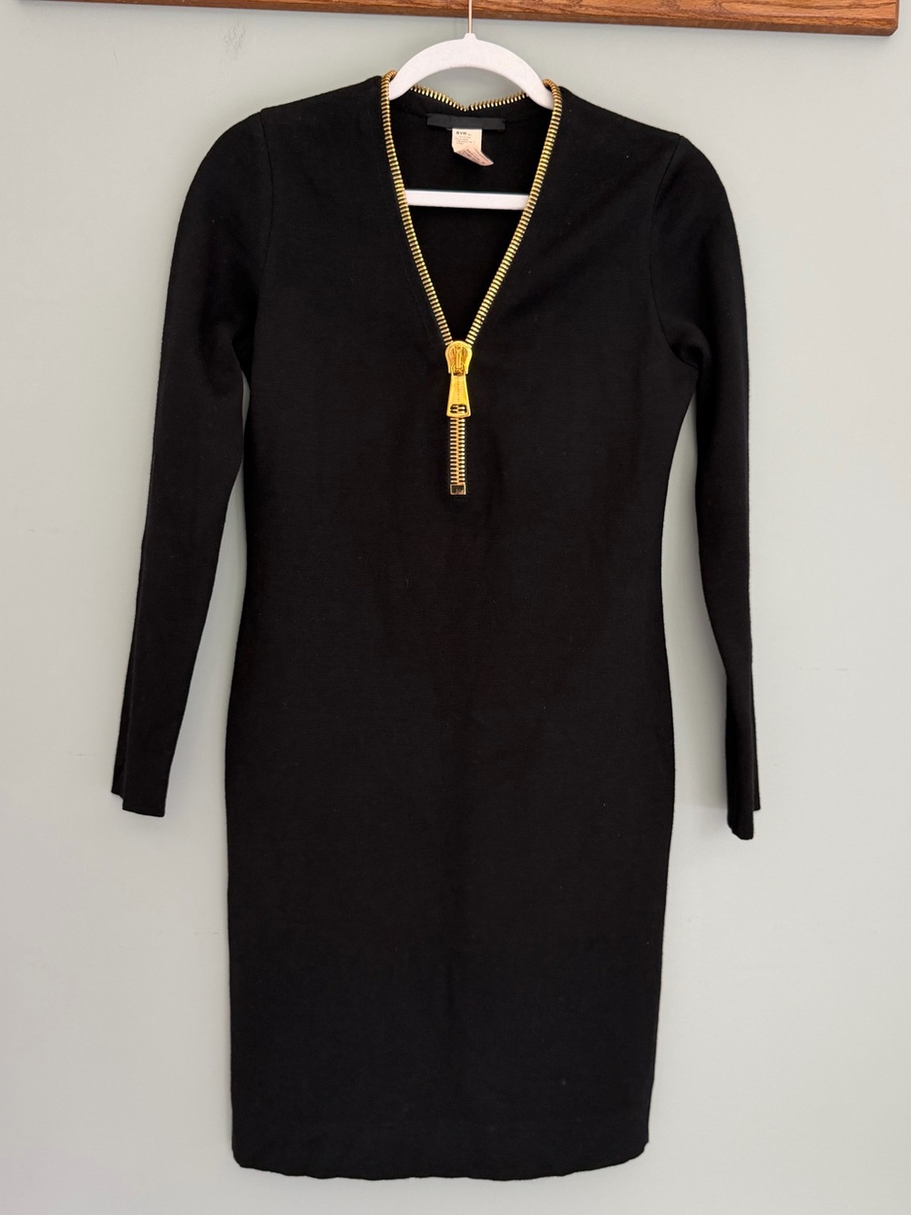 Les Copains 100% Virgin Wool Black Gold Zipper Long Sleeve Dress